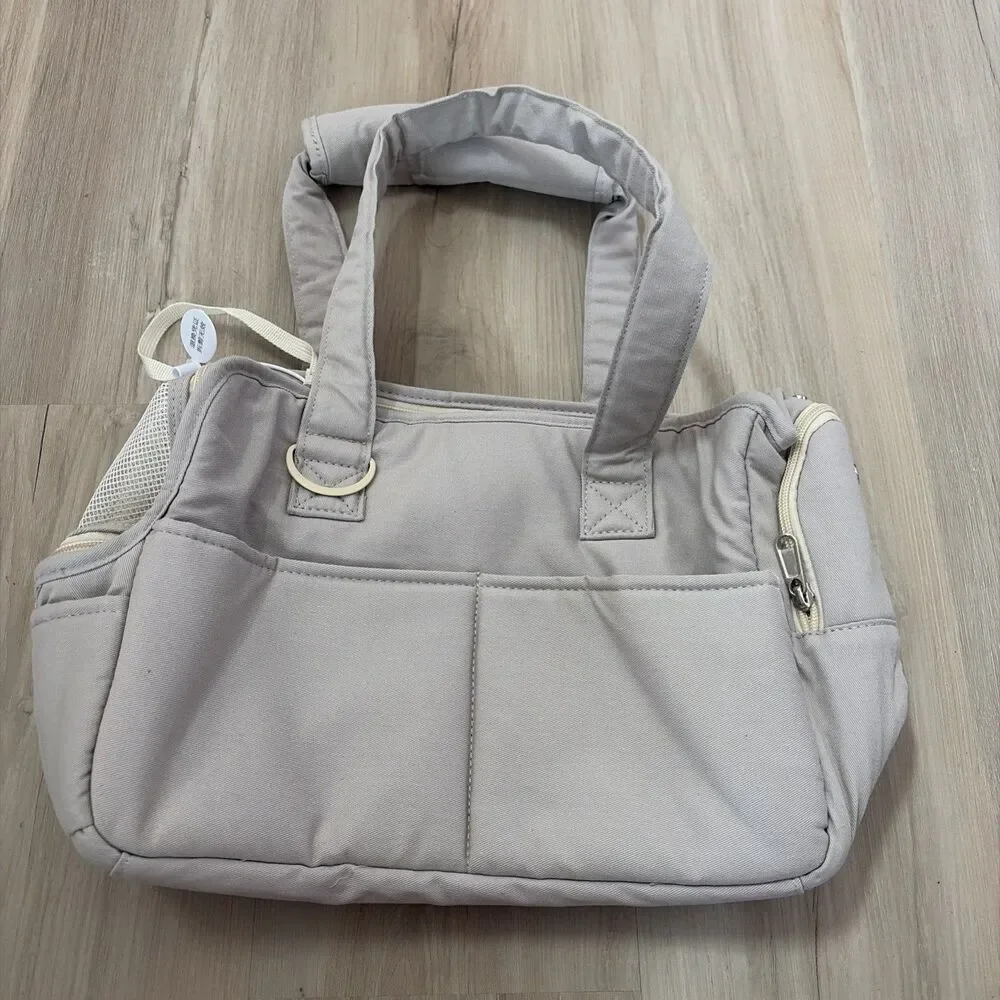 New ONECUTE Small Beige Canvas Mesh Puppy Dog Carrier Handbag Tote Travel Pet
